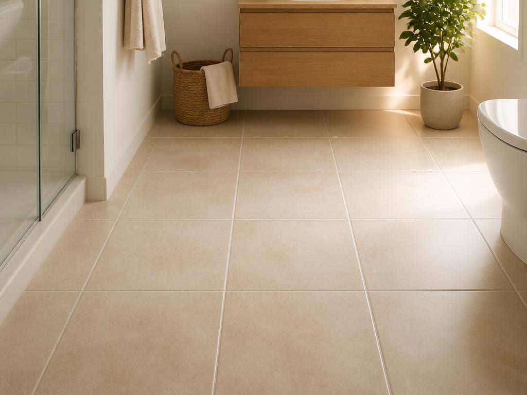 Clean tiled bathroom floor with warm natural light